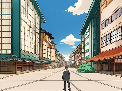 A man on his skateboard with big buildings behind him retro in anime style