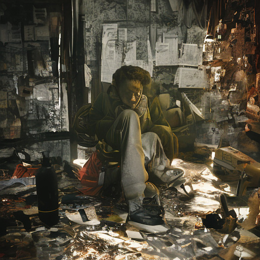 In a dark room, there is a telephone and a gun on the table. a man is sitting on a chair, and he is dead. in custom style