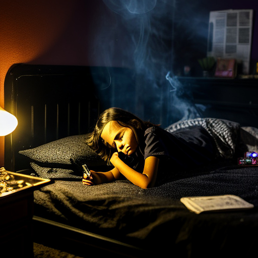 The room is dark, smoky and a mess, the bed is broken. there is an ashtray with an outstanding cigarette on the table. a 13-year-old girl is lying on a bed and crying. in custom style