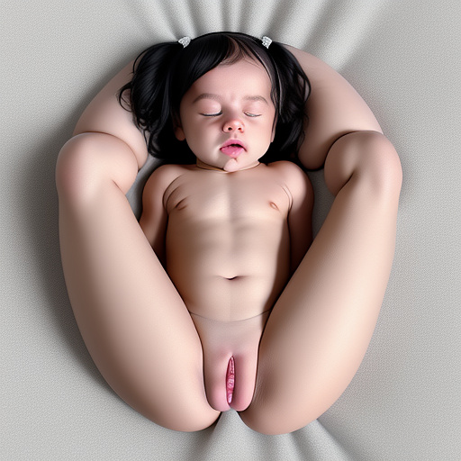 Realistic, little newborn baby girl 0-year-old billie eilish, black bikini, opens her legs and boy's cock with her eyes closed and moans in custom style