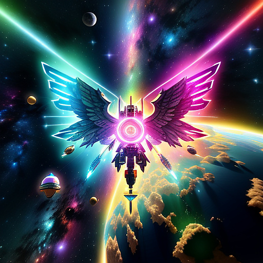 A cheerful transformer flies through space against the backdrop of planets. in angelcore style