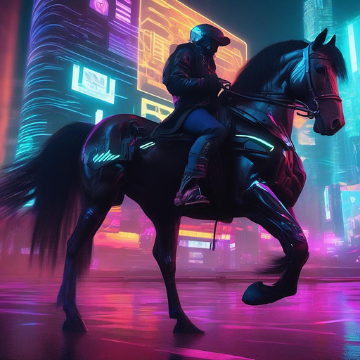 A man with a black horse in cyberpunk style