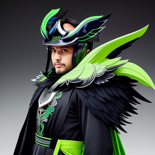 Man with wings that have blue, green, and grey feathers wearing a black and lime green chestplate as well as a black and lime green helmet in anime style