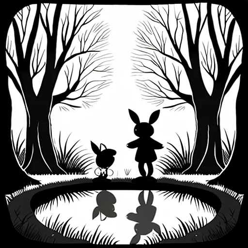 Black and white  children book style for a huge tree talking to a rabbit  in disney painted style