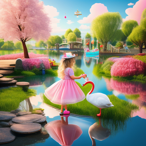 , little girl in pink dress feeding a swan by the lake in kids painted style