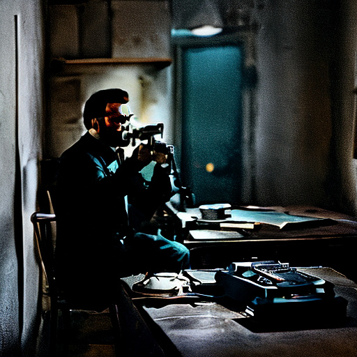 In a dark room, there is a telephone and a gun on the table. a man is sitting on a chair, and he is dead. in custom style