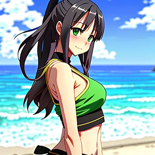 Midriff, navel, muscular, legs, thighs, swimwear, long hair, curly hair, grin, green eyes, , looking at viewer, beach, sand, sky, surf board, filipina in anime style