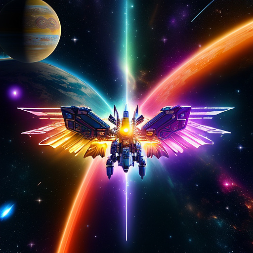 A cheerful transformer flies through space against the backdrop of planets. in angelcore style