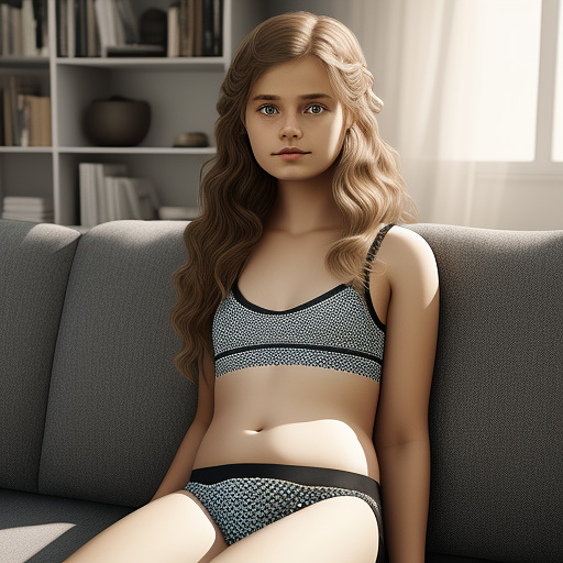 Ultra realistic a 15 year old german girl sits on the sofa in the living room in cute childlike underwear in custom style