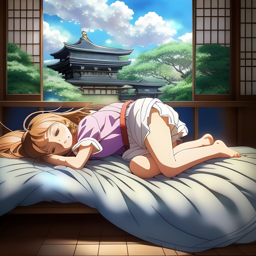 The girl is sleeping,barefoot. in anime style