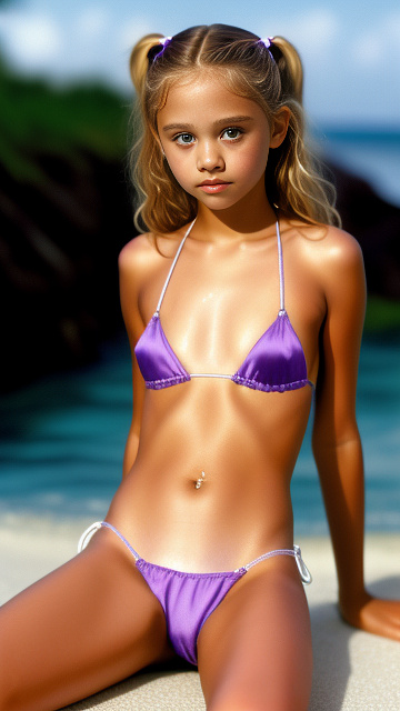 Realistic, detailed, 12-year-old ashley olsen, wearing a white laced bikini satin purple,  in custom style