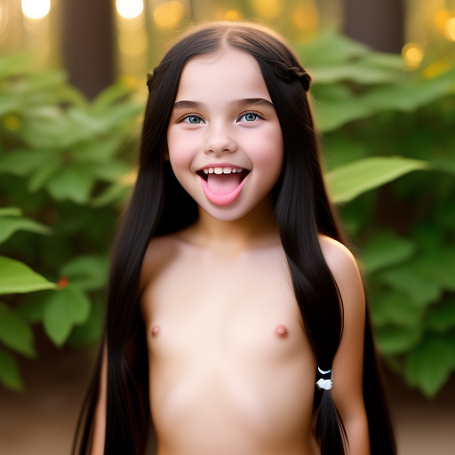 9-year-old caucasian white girl, long black hair, pretty, smiling, small breasts, white bikini, tongue out in custom style