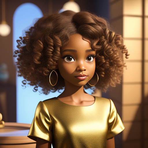  a 3d disney/pixar-style chibi african american woman narrator with captivating almond-shaped eyes, elegant curly hair, and a glamorous outfit with subtle gold accents. she looks more like a woman than a child, with a balance of elegance and maturity. she speaks to the audience with a mysterious but comforting aura. soft golden light surrounds her.
 in disney painted style