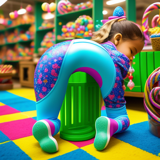 A 10 year old girl in tight leggings bending over to pick something up in kids painted style