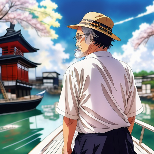 An old man on a boat from the back in anime style