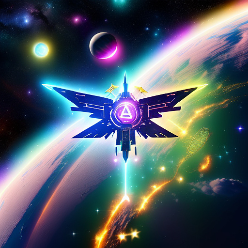A cheerful transformer flies through space against the backdrop of planets. in angelcore style