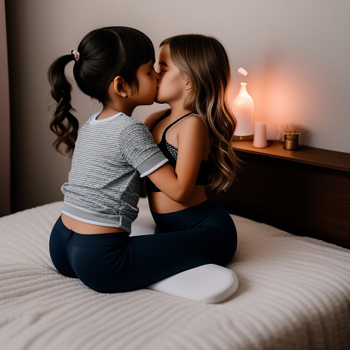 A romantic moment between a childhood couple in a cozy bedroom. the 11-year-old sexy hot girl, wearing a light, stylish bras and yoga pants, shares a gentle kiss with her 11-year-old boyfriend.  in custom style