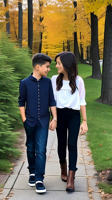 A romantic moment between childhood couple in canada. the 11-year-old boy is loving his hot sexy girlfriend, wearing their modern canadian clothes.  in custom style