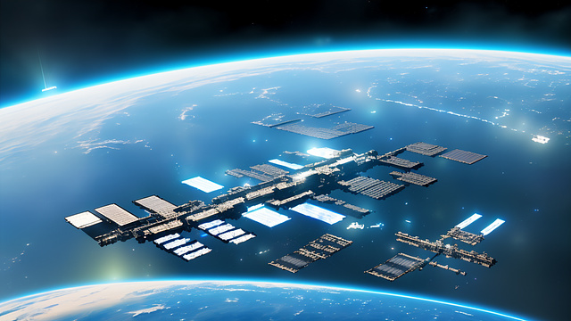 A large space station in space.
 in angelcore style