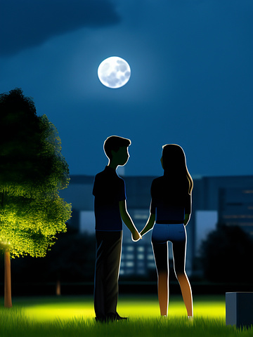A 20 year old and 17 year old brother and sister, standing in a high tech city park looking up at a beautiful moon in the year 2047.
 in custom style