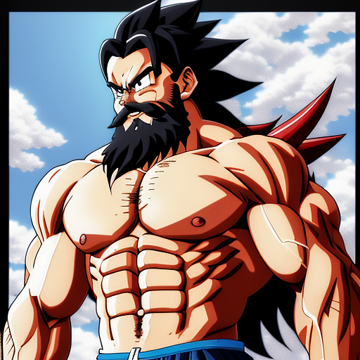 Muscle bara stud
huge pecs
huge chest
long hair
beard 
dragon ball z art style in anime style