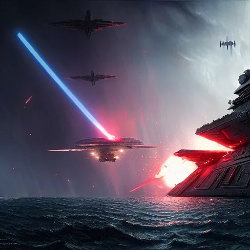 Star wars imperial star destroyer has unfortunate encounter with warhammer 40k emperor class battleship in horror style