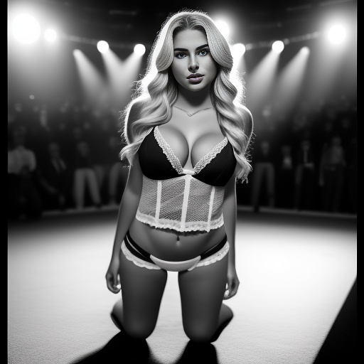 A white 18 yo on her knees with her tongue out and she is in lingerie in a circle of big black men in bw photo style