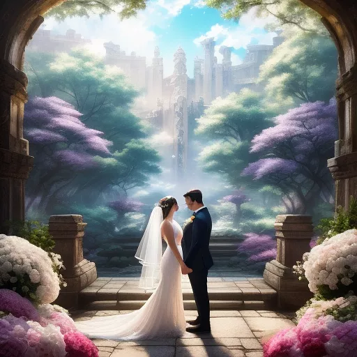 Video game poster with words "wrath: aeon of ruin", on that poster a wedding couple smiling, a well dressed man and woman in white wedding dress with flowers in anime style