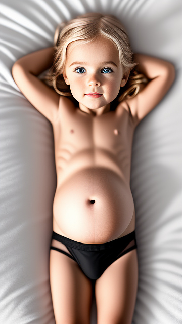 Realistic, detailed, 5-year-old blonde girl, in black underwear, pregnant, laying in bed, top down full body view, blushing, thin glue on body in custom style