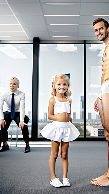 White smiling white 7 year blonde girl 7yr with 7yr body wearing a underwear on her  knees,  next to blond 30-year-old-business man standing next her, both people shown in picture, girl is 7yr is looking at the  man is 30yr in custom style