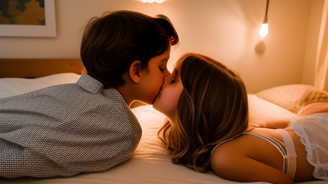 A romantic moment between a childhood couple in a cozy bedroom. the grade-5 sexy hot girl, wearing her french lingerie, shares a gentle kiss with the grade-5 boy. in custom style