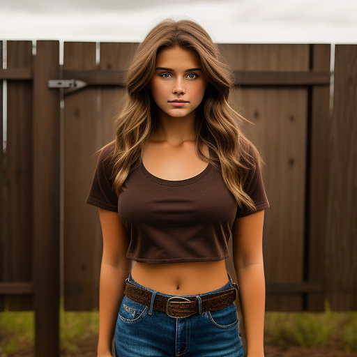 Extremely attractive 13 year old country girl with brown hair and big breasts wearing a really loose, dark brown, crop top t-shirt with jeans, boots, and a belt standing in front of a wood fence with chipped, white paint. in custom style