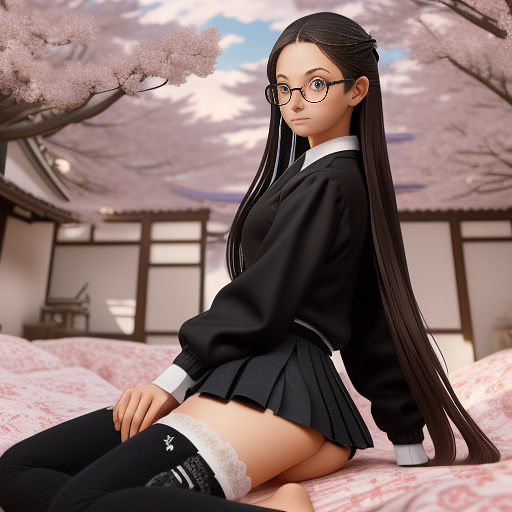 Ultra realistically a 22 year old german girl with a black braid with glasses and brown eyes 1.70 tall thin in schoolgirl uniform lies with spreading legs on the bed the underwear is open in the crot you can see her vagina and her anus in anime style