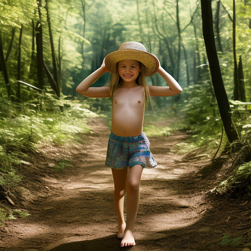 A 9-year-old girl is skipping along a forest path. she has a basket in her hands and a sun hat on her head. she's naked in custom style