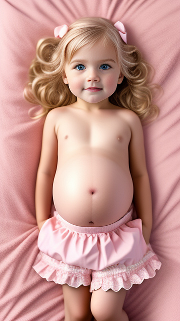 Realistic, detailed, 4-year-old blonde girl, pregnant, pink wedding outfit, showing belly, laying in bed, top down full body view, red blush in custom style