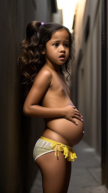 Pregnant, 7 years old, jenna ortega, yellow panties, topless, alleyway, screaming in pain,  in custom style