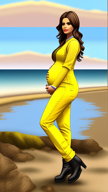 Realistic, detailed, pregnant, yellow jumpsuit, boots, beach in custom style