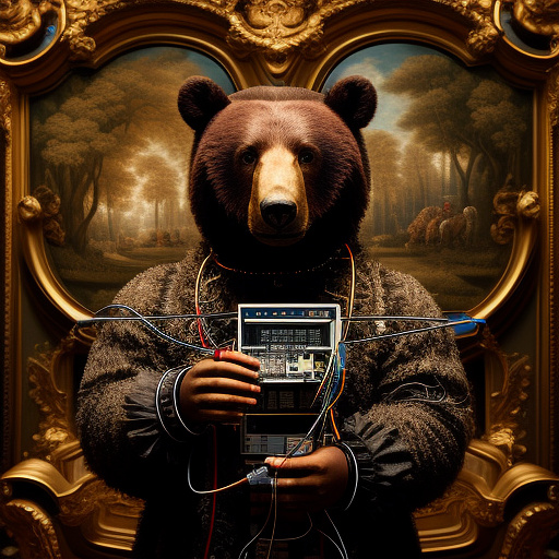  a wild bear with a lot of wires in his hands

 in rococo style