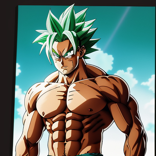 Muscle bara stud
long spiky green hair
beard 
huge pecs
huge chest
broad shoulders
dragon ball z art style in anime style