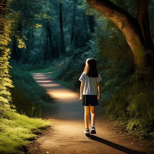 A 9-year-old girl is walking along a forest path. it's evening. she has a basket in her hand. view from behind. in custom style