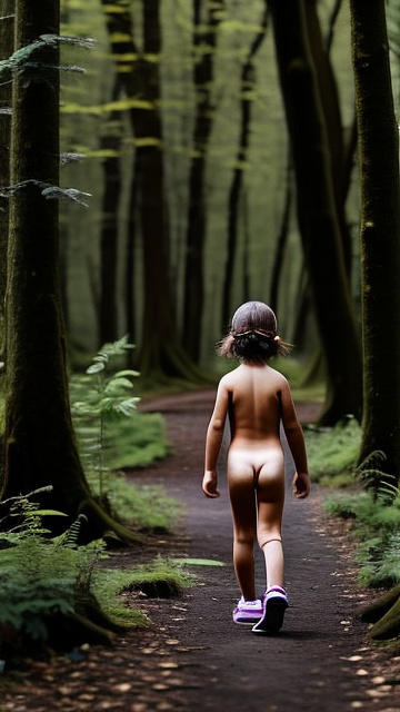 A 9-year-old naked girl is walking through the woods alone. in custom style