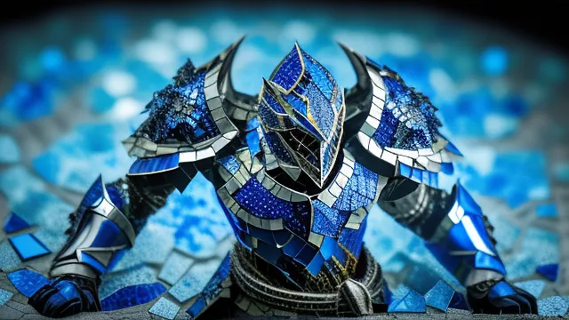 A fantasy blue armored knight at night in mosaic style