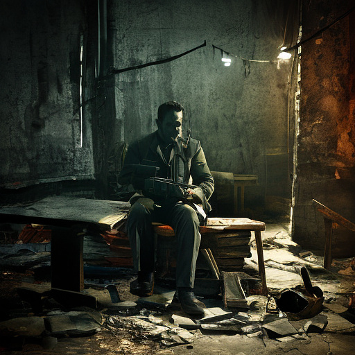 In a dark room, there is a telephone and a gun on the table. a man is sitting on a chair, and he is dead. in custom style