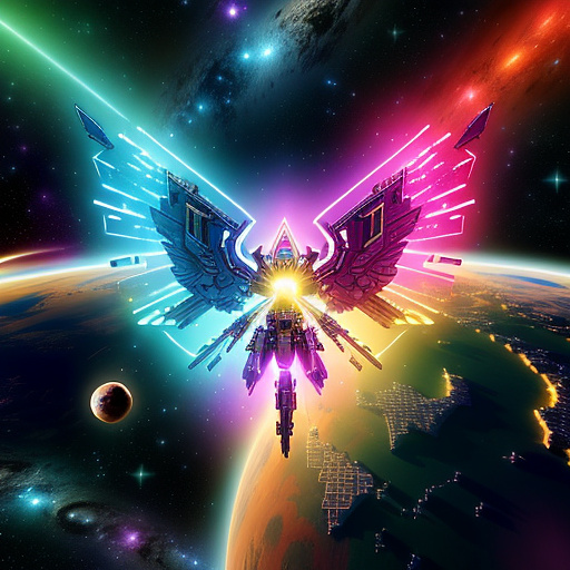 A cheerful transformer flies through space against the backdrop of planets. in angelcore style