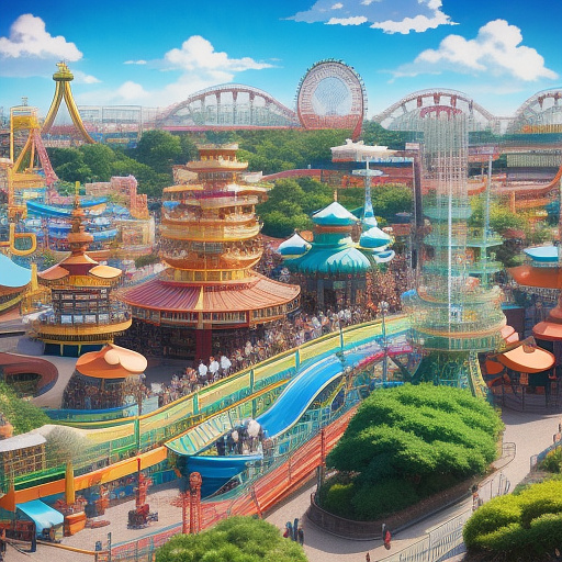 An amusement park with a large ferris wheel and a large roller coaster in the horizon. the park also has a swinging pirate ship ride and a drop tower. in anime style