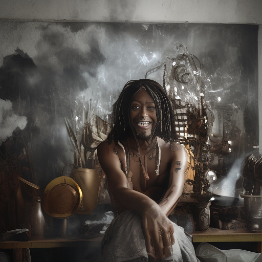 A black rastafarian is sitting on a worktable, smiling happily and smoking. the room is smoky. in custom style