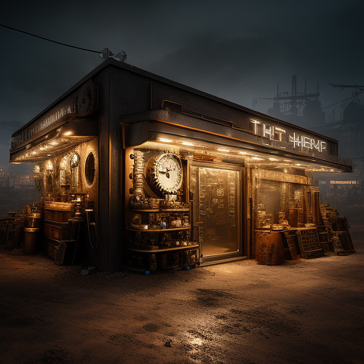A shop in a wasteland exterior  in steampunk style