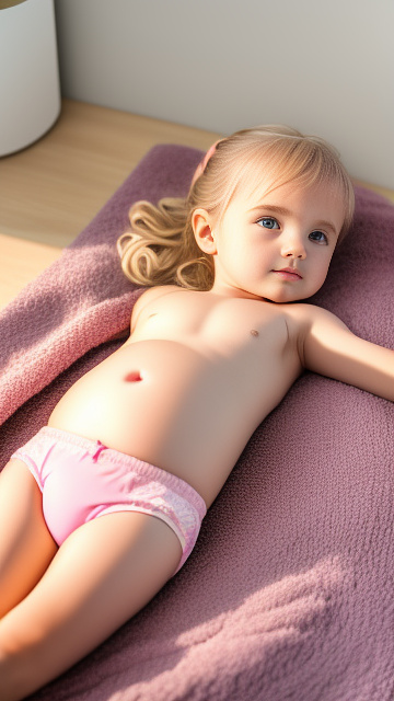 Realistic, detailed, 5-year-old blonde girl, in pink underwear, pregnant, laying in bed, top down view, blushing in sci-fi style