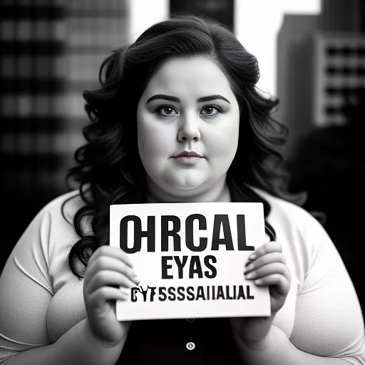 An obese woman holding up a sign with the word esme and eating a cheeseburger in bw photo style