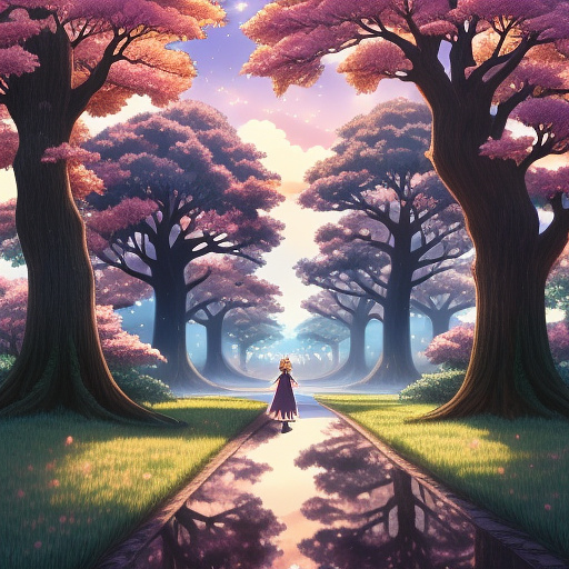 The girl is at the naichiar and here is the tree and she has long and  brown hair and sha warning a pink dress in anime style